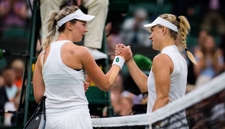 Mandatory Credit: Photo by Rob Prange Shutterstock (12173634do) Nina Stojanovic of Serbia & Angelique Kerber of Germany in action during the first round of the 2021 Wimbledon Championships Grand Slam tennis tournament Wimbledon Tennis Championships, Day 2, The All England Lawn Tennis and Croquet Club, London, UK - 29 Jun 2021 Wimbledon Tennis Championships, Day 2, The All England Lawn Tennis and Croquet Club, London, UK - 29 Jun 2021  Copyright: xRobxPrange Shutterstockx 12173634do