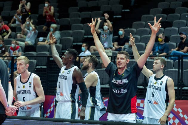 Basketball Split 29 06 2021 Olympic Qualifying FIBA Olympic Qualifying Tournament 2020 Group Stage, Group A Germany GER Mexico MEX Cheers Germany Isaac Bonga Germany, No 00 Lukas Wank Germany, No 19 Jan Niklas Wimberg Germany, No 06 and others.