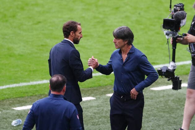 Mandatory Credit: Photo by Kieran McManus BPI Shutterstock (12173673gc) England manager Gareth Southgate shakes hands with Joachim Low manager of Germany after the match. England v Germany, UEFA European Championship, EM, Europameisterschaft 2020, Round of 16, International Football, Wembley Stadium, London, UK - 29 June 2021 England v Germany, UEFA European Championship 2020, Round of 16, International Football, Wembley Stadium, London, UK - 29 June 2021 Copyright: xKieranxMcManus BPI Shutterstockx 12173673gc