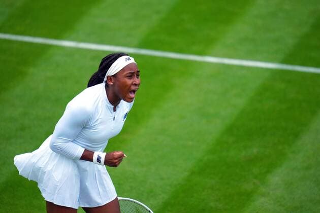 Mandatory Credit: Photo by Javier Garcia BPI Shutterstock (12173633lt) Coco Gauff celebrates victory in her first round match Wimbledon Tennis Championships, Day 2, The All England Lawn Tennis and Croquet Club, London, UK - 29 Jun 2021 Wimbledon Tennis Championships, Day 2, The All England Lawn Tennis and Croquet Club, London, UK - 29 Jun 2021  Copyright: xJavierxGarcia BPI Shutterstockx 12173633lt