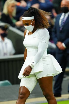 Mandatory Credit: Photo by Javier Garcia BPI Shutterstock (12173633ly) Serena Williams leaves the court for treatment on her thigh during her first round match Wimbledon Tennis Championships, Day 2, The All England Lawn Tennis and Croquet Club, London, UK - 29 Jun 2021 Wimbledon Tennis Championships, Day 2, The All England Lawn Tennis and Croquet Club, London, UK - 29 Jun 2021  Copyright: xJavierxGarcia BPI Shutterstockx 12173633ly