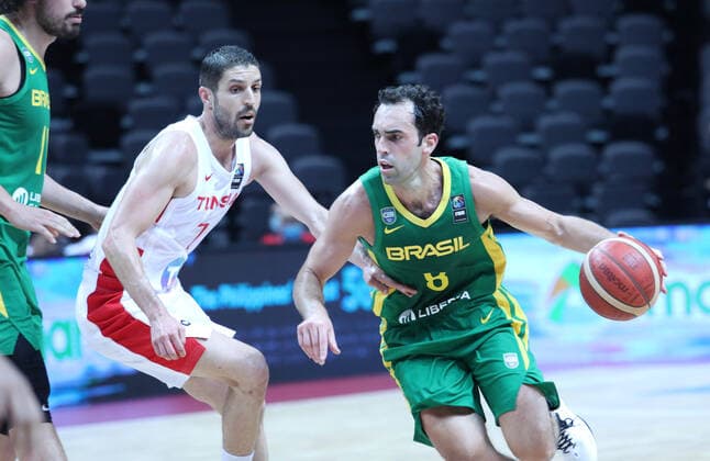 PXL_Tunisia vs Brazil Benite Vitor and El Mabrouk Mourad during group B basketball qualification match for the Olympic Games, Olympische Spiele, Olympia, OS between Tunisia and Brazil at the Spaladium Arena, in Split, Croatia, on June 29, 2021. IvoxCagalj PIXSELL