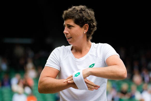 June 29, 2021, LONDON, GREAT BRITAIN: Carla Suarez Navarro of Spain in action during the first round of the 2021 Wimbledon Championships Grand Slam tennis tournament against Ashleigh Barty of Australia LONDON GREAT BRITAIN - ZUMAa181 20210629_zaa_a181_031 Copyright: xRobxPrangex
