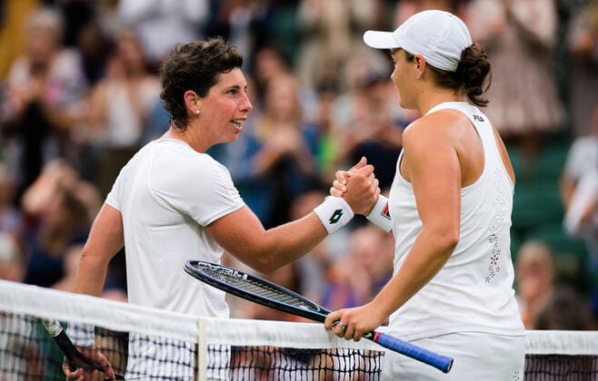 June 29, 2021, LONDON, GREAT BRITAIN: Carla Suarez Navarro of Spain & Ashleigh Barty of Australia at the net after the first round of the 2021 Wimbledon Championships Grand Slam tennis tournament LONDON GREAT BRITAIN - ZUMAa181 20210629_zaa_a181_036 Copyright: xRobxPrangex