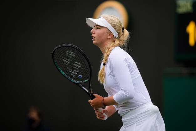 June 29, 2021, LONDON, GREAT BRITAIN: Clara Tauson of Denmark in action during the first round of the 2021 Wimbledon Championships Grand Slam tennis tournament against Barbora Krejcikova of the Czech Republic LONDON GREAT BRITAIN - ZUMAa181 20210629_zaa_a181_048 Copyright: xRobxPrangex