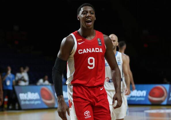 June 29, 2021, Victoria, BC, Canada: Canada s RJ Barrett celebrates the team s win following second half FIBA Men s Olympic Qualifying basketball action against Greece, at Memorial Arena in Victoria, Tuesday, June 29, 2021. Canada won 97-91. RJ Barrett  - ZUMAc35_ 20210629_zaf_c35_025 Copyright: xChadxHipolitox