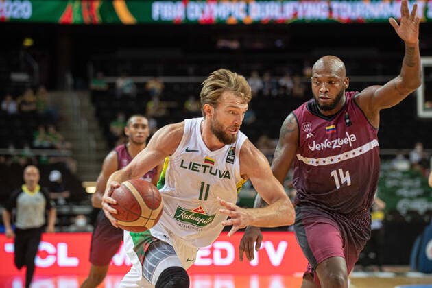 (210630) -- KAUNAS, June 30, 2021 -- Domantas Sabonis (L) of Lithuania competes during FIBA Olympic Qualifyng Tournament basketball match between Lithuania and Venezuela in Kaunas, Lithuania, June 29, 2021. (Photo by Xinhua) (SP)LITHUANIA-KAUNAS-BASKETBALL-FIBA OQT-LITHUANIA VS VENEZUELA AlfredasxPliadis 