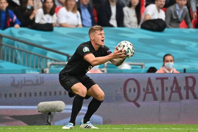 Toni KROOS GER , stunned,disappointment,frustration,frustrated,dejected,holds the ball,action,single action,single picture,free shot,whole body shot,whole figure eighth final,match M44,England ENG Germany GER 2 0 on 29 06 2021 in London Wembley Stadium Football EM 2020 from 11 06 2021 11 07 2021