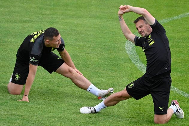 L-R Jan Boril and Vladimir Darida of Czech Republic attend a training session prior to the Euro 2020 soccer championship quarterfinals against Denmark in Prague, Czech Republic, June 30, 2021. (CTKxPhoto MichalxKamaryt) CTKPhotoP2021063004512  kmt