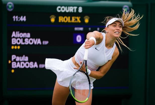 Mandatory Credit: Photo by Rob Prange Shutterstock (12189892e) Paula Badosa of Spain in action during the first round of the 2021 Wimbledon Championships Grand Slam tennis tournament Wimbledon Tennis Championships, Day 3, The All England Lawn Tennis and Croquet Club, London, UK - 30 Jun 2021 Wimbledon Tennis Championships, Day 3, The All England Lawn Tennis and Croquet Club, London, UK - 30 Jun 2021  Copyright: xRobxPrange Shutterstockx 12189892e