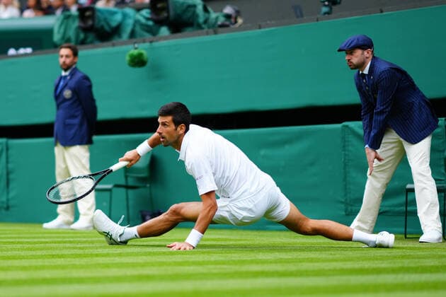 Mandatory Credit: Photo by Javier Garcia BPI Shutterstock (12189891f) Novak Djokovic slips during his second round match Wimbledon Tennis Championships, Day 3, The All England Lawn Tennis and Croquet Club, London, UK - 30 Jun 2021 Wimbledon Tennis Championships, Day 3, The All England Lawn Tennis and Croquet Club, London, UK - 30 Jun 2021  Copyright: xJavierxGarcia BPI Shutterstockx 12189891f