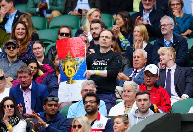Mandatory Credit: Photo by Javier Garcia BPI Shutterstock (12189891ce) Djokovic fan Wimbledon Tennis Championships, Day 3, The All England Lawn Tennis and Croquet Club, London, UK - 30 Jun 2021 Wimbledon Tennis Championships, Day 3, The All England Lawn Tennis and Croquet Club, London, UK - 30 Jun 2021  Copyright: xJavierxGarcia BPI Shutterstockx 12189891ce