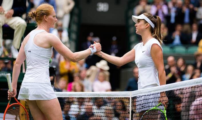 Mandatory Credit: Photo by Rob Prange Shutterstock (12189892ck) Alison Van Uytvanck of Belgium & Elina Svitolina of the Ukraine in action during the first round of the 2021 Wimbledon Championships Grand Slam tennis tournament Wimbledon Tennis Championships, Day 3, The All England Lawn Tennis and Croquet Club, London, UK - 30 Jun 2021 Wimbledon Tennis Championships, Day 3, The All England Lawn Tennis and Croquet Club, London, UK - 30 Jun 2021  Copyright: xRobxPrange Shutterstockx 12189892ck
