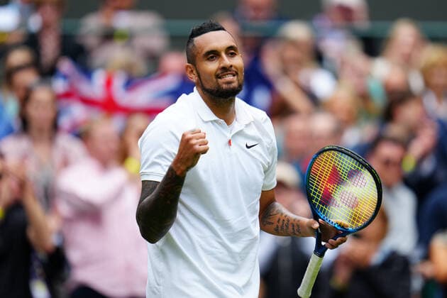 Mandatory Credit: Photo by Javier Garcia BPI Shutterstock (12189891dt) Nick Kyrgios celebrates victory in his first round match Wimbledon Tennis Championships, Day 3, The All England Lawn Tennis and Croquet Club, London, UK - 30 Jun 2021 Wimbledon Tennis Championships, Day 3, The All England Lawn Tennis and Croquet Club, London, UK - 30 Jun 2021  Copyright: xJavierxGarcia BPI Shutterstockx 12189891dt