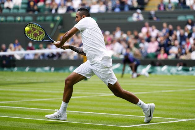 Mandatory Credit: Photo by Shutterstock (12190134u) Nick Kyrgios during his first round match Wimbledon Tennis Championships, Day 3, The All England Lawn Tennis and Croquet Club, London, UK - 30 Jun 2021 Wimbledon Tennis Championships, Day 3, The All England Lawn Tennis and Croquet Club, London, UK - 30 Jun 2021  Copyright: xShutterstockx 12190134u
