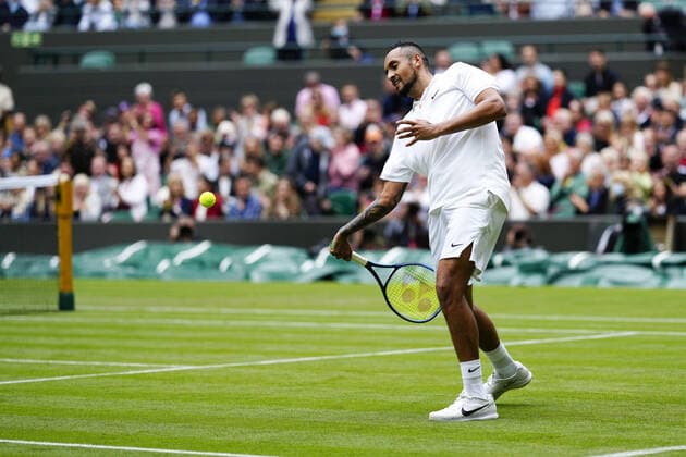 Mandatory Credit: Photo by Shutterstock (12190134v) Nick Kyrgios during his first round match Wimbledon Tennis Championships, Day 3, The All England Lawn Tennis and Croquet Club, London, UK - 30 Jun 2021 Wimbledon Tennis Championships, Day 3, The All England Lawn Tennis and Croquet Club, London, UK - 30 Jun 2021  Copyright: xShutterstockx 12190134v