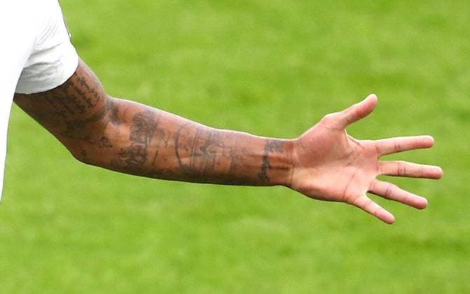 Mandatory Credit: Photo by Kieran McManus BPI Shutterstock (12173673la) Raheem Sterling of England celebrates his opening goal with a tattoo of him under Wembley arch on his left arm England v Germany, UEFA European Championship, EM, Europameisterschaft 2020, Round of 16, International Football, Wembley Stadium, London, UK - 29 June 2021 England v Germany, UEFA European Championship 2020, Round of 16, International Football, Wembley Stadium, London, UK - 29 June 2021  Copyright: xKieranxMcManus BPI Shutterstockx 12173673la