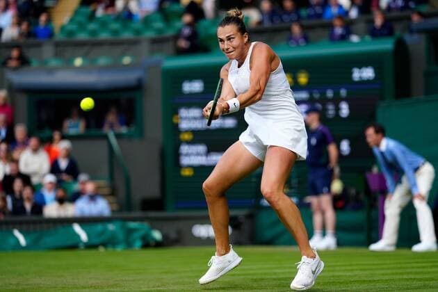 Mandatory Credit: Photo by Shutterstock (12190134cb) Aryna Sabalenka during her second round match Wimbledon Tennis Championships, Day 3, The All England Lawn Tennis and Croquet Club, London, UK - 30 Jun 2021 Wimbledon Tennis Championships, Day 3, The All England Lawn Tennis and Croquet Club, London, UK - 30 Jun 2021  Copyright: xShutterstockx 12190134cb