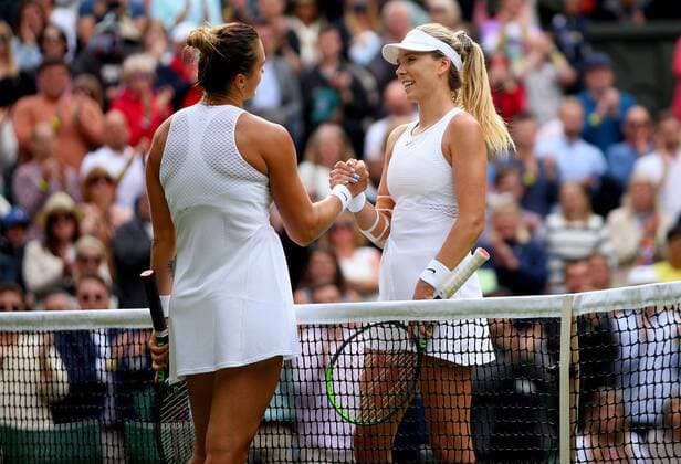 Mandatory Credit: Photo by Shutterstock (12190133o) Katie Boulter of Great Britain shakes hands with Aryna Sabalenka of Belarus Wimbledon Tennis Championships, Day 3, The All England Lawn Tennis and Croquet Club, London, UK - 30 Jun 2021 Wimbledon Tennis Championships, Day 3, The All England Lawn Tennis and Croquet Club, London, UK - 30 Jun 2021  Copyright: xShutterstockx 12190133o