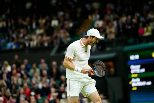 Mandatory Credit: Photo by Shutterstock (12190134fr) Andy Murray celebrates during his second round match Wimbledon Tennis Championships, Day 3, The All England Lawn Tennis and Croquet Club, London, UK - 30 Jun 2021 Wimbledon Tennis Championships, Day 3, The All England Lawn Tennis and Croquet Club, London, UK - 30 Jun 2021  Copyright: xShutterstockx 12190134fr