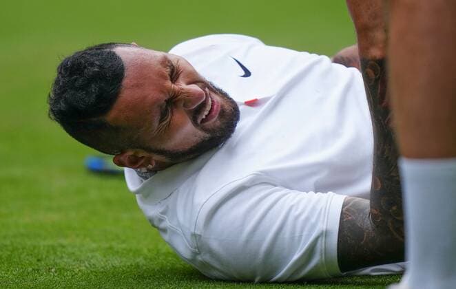 Mandatory Credit: Photo by Shutterstock (12190134gt) Australia s Nick Kyrios takes a tumble Wimbledon Tennis Championships, Day 3, The All England Lawn Tennis and Croquet Club, London, UK - 30 Jun 2021 Wimbledon Tennis Championships, Day 3, The All England Lawn Tennis and Croquet Club, London, UK - 30 Jun 2021  Copyright: xShutterstockx 12190134gt