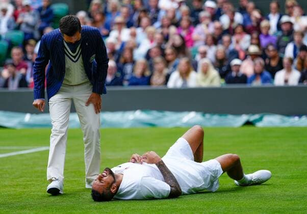 Mandatory Credit: Photo by Shutterstock (12190134gl) Australia s Nick Kyrios takes a tumble Wimbledon Tennis Championships, Day 3, The All England Lawn Tennis and Croquet Club, London, UK - 30 Jun 2021 Wimbledon Tennis Championships, Day 3, The All England Lawn Tennis and Croquet Club, London, UK - 30 Jun 2021  Copyright: xShutterstockx 12190134gl