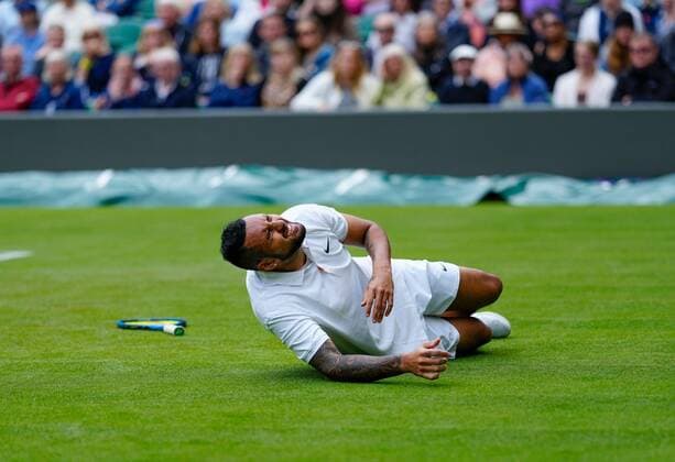 Mandatory Credit: Photo by Shutterstock (12190134gn) Australia s Nick Kyrios takes a tumble Wimbledon Tennis Championships, Day 3, The All England Lawn Tennis and Croquet Club, London, UK - 30 Jun 2021 Wimbledon Tennis Championships, Day 3, The All England Lawn Tennis and Croquet Club, London, UK - 30 Jun 2021  Copyright: xShutterstockx 12190134gn