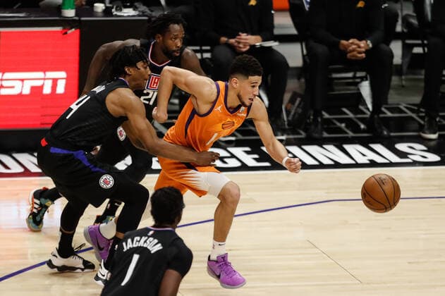 LOS ANGELES, CA - JUNE 30: Phoenix Suns guard Devin Booker (1) during game 6 of the NBA, Basketball Herren, USA Western Conference Final between the Phoenix Suns and the Los Angeles Clippers on June 30, 2021, at Staples Center in Los Angeles, CA. (Photo by Jevone Moore Icon Sportswire) NBA: JUN 30 Western Conference Final - Suns at Clippers Icon210630049