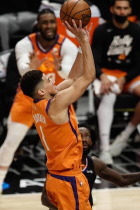 LOS ANGELES, CA - JUNE 30: Phoenix Suns guard Devin Booker (1) during game 6 of the NBA, Basketball Herren, USA Western Conference Final between the Phoenix Suns and the Los Angeles Clippers on June 30, 2021, at Staples Center in Los Angeles, CA. (Photo by Jevone Moore Icon Sportswire) NBA: JUN 30 Western Conference Final - Suns at Clippers Icon210630051