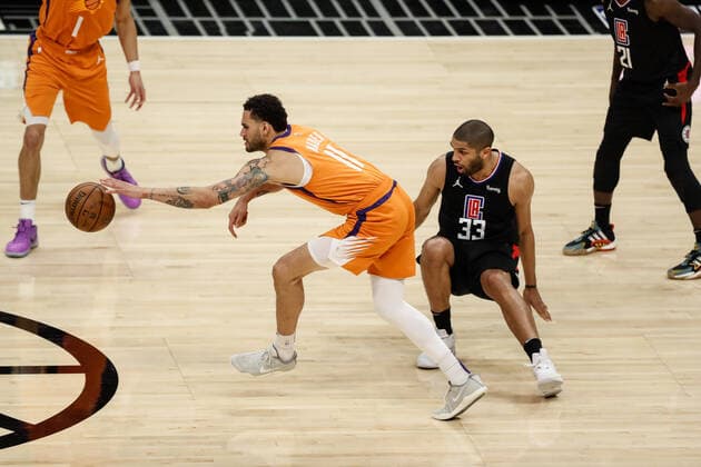 LOS ANGELES, CA - JUNE 30: Phoenix Suns forward Abdel Nader (11) dribbles during game 6 of the NBA, Basketball Herren, USA Western Conference Final between the Phoenix Suns and the Los Angeles Clippers on June 30, 2021, at Staples Center in Los Angeles, CA. (Photo by Jevone Moore Icon Sportswire) NBA: JUN 30 Western Conference Final - Suns at Clippers Icon210630068