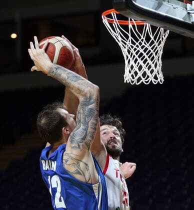 June 30, 2021, Victoria, BC, Canada: Turkey s Sertac Sanli blocks Czech Republic s Ondrej Balvin during the second half of FIBA Men s Olympic Qualifying basketball action at Memorial Arena in Victoria, B.C., on Wednesday, June 30, 2021. Sertac Sanli,Ondrej Balvin  - ZUMAc35_ 20210630_zaf_c35_084 Copyright: xChadxHipolitox