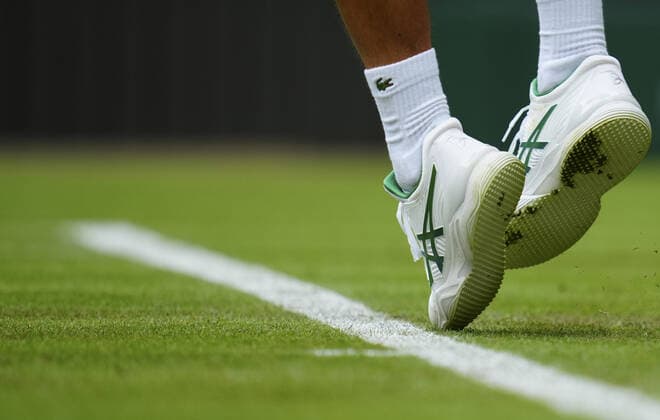 Mandatory Credit: Photo by Javier Garcia BPI Shutterstock (12189891qu) The Asics tennis shoes of Novak Djokovic Wimbledon Tennis Championships, Day 3, The All England Lawn Tennis and Croquet Club, London, UK - 30 Jun 2021 Wimbledon Tennis Championships, Day 3, The All England Lawn Tennis and Croquet Club, London, UK - 30 Jun 2021  Copyright: xJavierxGarcia BPI Shutterstockx 12189891qu
