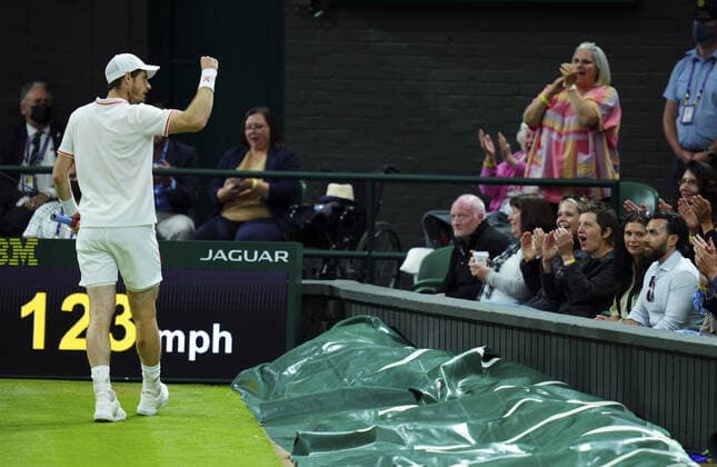 Mandatory Credit: Photo by Javier Garcia BPI Shutterstock (12189891se) Andy Murray celebrates breaking serve in the fourth set of his second round match Wimbledon Tennis Championships, Day 3, The All England Lawn Tennis and Croquet Club, London, UK - 30 Jun 2021 Wimbledon Tennis Championships, Day 3, The All England Lawn Tennis and Croquet Club, London, UK - 30 Jun 2021  Copyright: xJavierxGarcia BPI Shutterstockx 12189891se