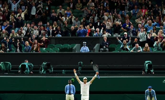Mandatory Credit: Photo by Javier Garcia BPI Shutterstock (12189891sj) Andy Murray celebrates victory in his second round match Wimbledon Tennis Championships, Day 3, The All England Lawn Tennis and Croquet Club, London, UK - 30 Jun 2021 Wimbledon Tennis Championships, Day 3, The All England Lawn Tennis and Croquet Club, London, UK - 30 Jun 2021  Copyright: xJavierxGarcia BPI Shutterstockx 12189891sj