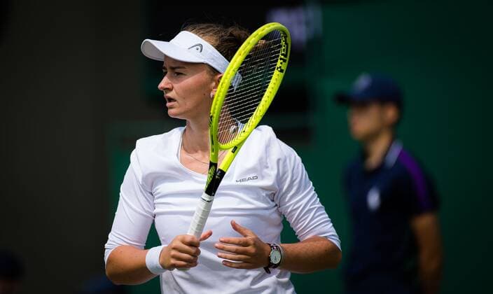 Mandatory Credit: Photo by Rob Prange Shutterstock (12191441n) Barbora Krejcikova of the Czech Republic in action during the second round of the 2021 Wimbledon Championships Grand Slam tennis tournament Wimbledon Tennis Championships, Day 4, The All England Lawn Tennis and Croquet Club, London, UK - 01 Jul 2021 Wimbledon Tennis Championships, Day 4, The All England Lawn Tennis and Croquet Club, London, UK - 01 Jul 2021  Copyright: xRobxPrange Shutterstockx 12191441n