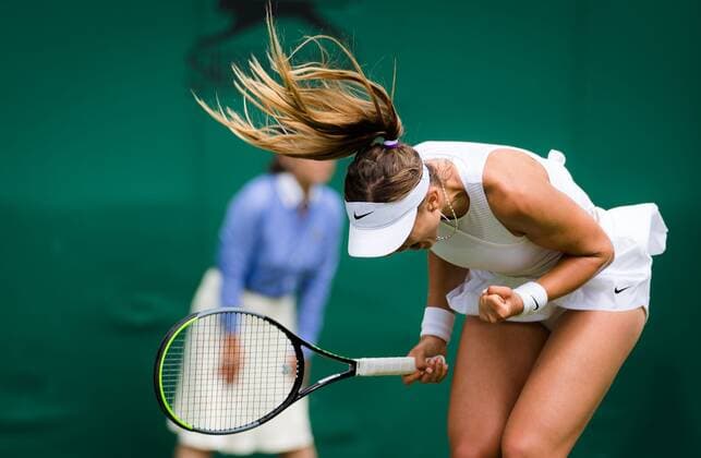 Mandatory Credit: Photo by Rob Prange Shutterstock (12191441s) Paula Badosa of Spain in action during the second round of the 2021 Wimbledon Championships Grand Slam tennis tournament Wimbledon Tennis Championships, Day 4, The All England Lawn Tennis and Croquet Club, London, UK - 01 Jul 2021 Wimbledon Tennis Championships, Day 4, The All England Lawn Tennis and Croquet Club, London, UK - 01 Jul 2021  Copyright: xRobxPrange Shutterstockx 12191441s