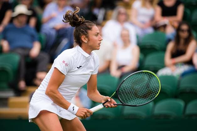 Mandatory Credit: Photo by Rob Prange Shutterstock (12191441bn) Sara Sorribes Tormo of Spain in action during the second round of the 2021 Wimbledon Championships Grand Slam tennis tournament Wimbledon Tennis Championships, Day 4, The All England Lawn Tennis and Croquet Club, London, UK - 01 Jul 2021 Wimbledon Tennis Championships, Day 4, The All England Lawn Tennis and Croquet Club, London, UK - 01 Jul 2021  Copyright: xRobxPrange Shutterstockx 12191441bn