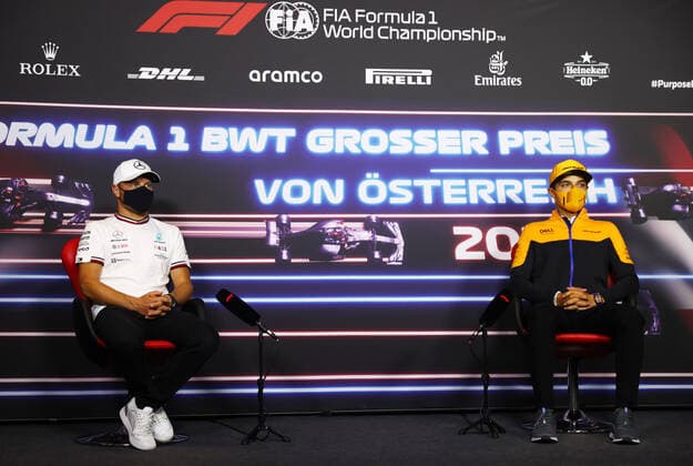 F1 Grand Prix of Austria 77 Valtteri Bottas (FIN, Mercedes-AMG Petronas F1 Team), 4 Lando Norris (GBR, McLaren F1 Team), F1 Grand Prix of Austria at Red Bull Ring on July 1, 2021 in Spielberg, Austria. (Photo by Clive Rose Getty Images FIA Pool via HOCH ZWEI) Spielberg Red Bull Ring Austria Poolfoto HOCH ZWEI Pool Getty Images ,EDITORIAL USE ONLY