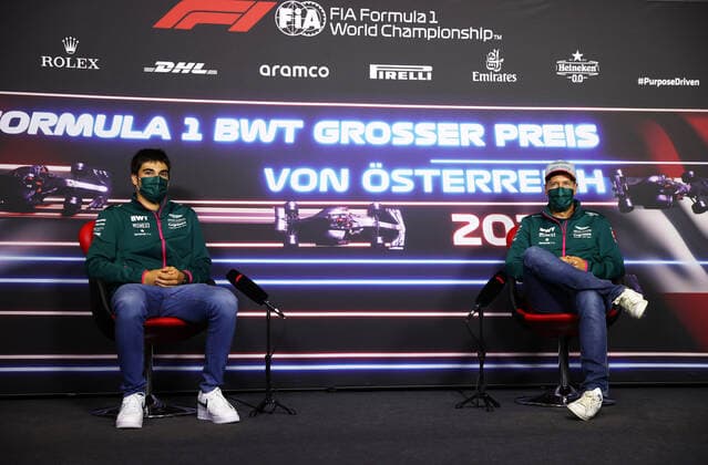 F1 Grand Prix of Austria 18 Lance Stroll (CAN, Aston Martin Cognizant F1 Team), 5 Sebastian Vettel (GER, Aston Martin Cognizant F1 Team), F1 Grand Prix of Austria at Red Bull Ring on July 1, 2021 in Spielberg, Austria. (Photo by Clive Rose Getty Images FIA Pool via HOCH ZWEI) Spielberg Red Bull Ring Austria Poolfoto HOCH ZWEI Pool Getty Images ,EDITORIAL USE ONLY