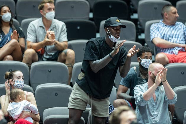 Basketball Split 01 07 2021 Olympic Qualification FIBA Olympic Qualifying Tournament 2020 Group Stage, Group A Russia RUS Germany GER Dennis Schröder with family, wife Ellen as spectator in the arena
