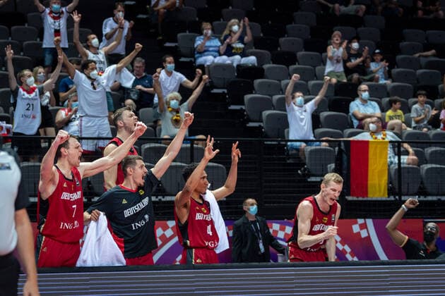 Basketball Split 01 07 2021 Olympic Qualification FIBA Olympic Qualifying Tournament 2020 Group Stage, Group A Russia RUS Germany GER Cheers Germany Johannes Voigtmann Germany, No 07 Jan Niklas Wimberg Germany, No 06 Lukas Wank Germany, No 19 Maodo Lo Germany, No 04 Nils Giffey Germany, No 05