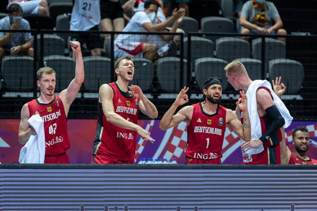 Basketball Split 01 07 2021 Olympic Qualification FIBA Olympic Qualifying Tournament 2020 Group Stage, Group A Russia RUS Germany GER Cheers Germany Andreas Obst Germany, No 42 Jan Niklas Wimberg Germany, No 06 Joshiko Saibou Germany, No 01