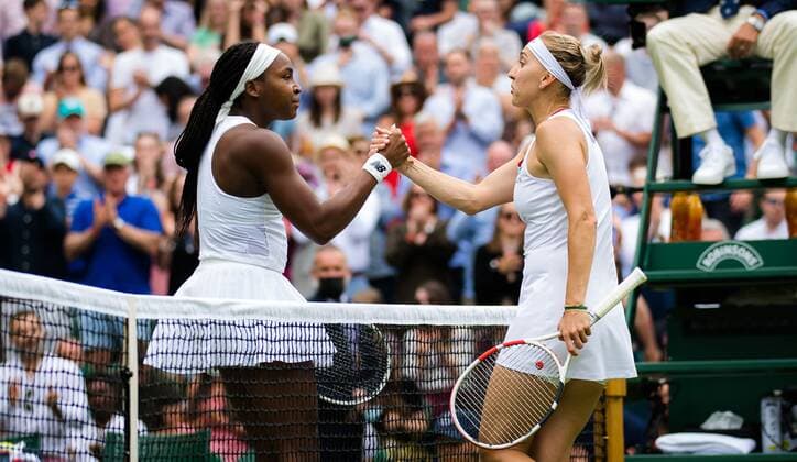 Mandatory Credit: Photo by Rob Prange Shutterstock (12191441cr) Cori Gauff of the United States & Elena Vesnina of Russia in action during the second round of the 2021 Wimbledon Championships Grand Slam tennis tournament Wimbledon Tennis Championships, Day 4, The All England Lawn Tennis and Croquet Club, London, UK - 01 Jul 2021 Wimbledon Tennis Championships, Day 4, The All England Lawn Tennis and Croquet Club, London, UK - 01 Jul 2021  Copyright: xRobxPrange Shutterstockx 12191441cr