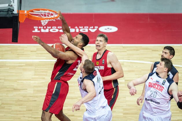 Basketball Split 01 07 2021 Olympic Qualification FIBA Olympic Qualifying Tournament 2020 Group Stage, Group A Russia RUS Germany GER Johannes Thiemann Germany, No 32 Timofey Mozgov Russia, No 15 Moritz Wagner Germany, No 13 hi