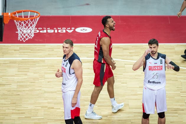 Basketball Split 01 07 2021 Olympic Qualification FIBA Olympic Qualifying Tournament 2020 Group Stage, Group A Russia RUS Germany GER Cheers Johannes Thiemann Germany, No 32 Timofey Mozgov Russia, No 15 li Anton Astapkovich Russia, No 25