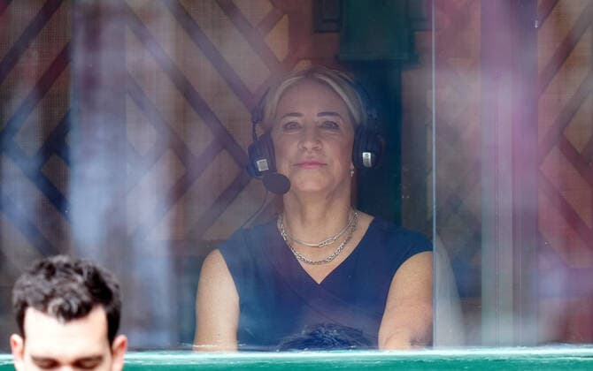 Mandatory Credit: Photo by Shutterstock (12191444bd) Chris Evert in the commentary box Wimbledon Tennis Championships, Day 4, The All England Lawn Tennis and Croquet Club, London, UK - 01 Jul 2021 Wimbledon Tennis Championships, Day 4, The All England Lawn Tennis and Croquet Club, London, UK - 01 Jul 2021  Copyright: xShutterstockx 12191444bd