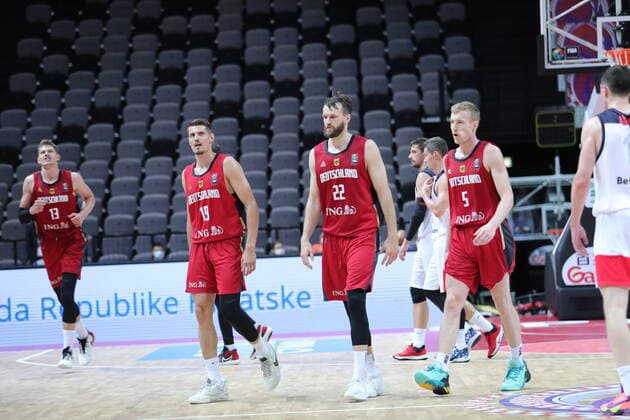 PXL_Russia v Germany - Group A: 2020 FIBA Men s Olympic Qualifying Tournaments SPLIT, CROATIA - JULY 01: German players Lukas Nathanael C. Wank, Danilo Barthel and Niels Giffey during the 2020 FIBA Men s Olympic Qualifying Tournament game between Russia and Germany at Spaladium Arena on July 1, 2021 in Split, Croatia. IvoxCagalj PIXSELL