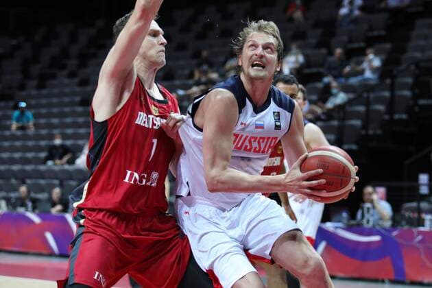 PXL_Russia v Germany - Group A: 2020 FIBA Men s Olympic Qualifying Tournaments SPLIT, CROATIA - JULY 01: Vladimir Ivlev of Russia looking towards the basket during the 2020 FIBA Men s Olympic Qualifying Tournament game between Russia and Germany at Spaladium Arena on July 1, 2021 in Split, Croatia. IvoxCagalj PIXSELL
