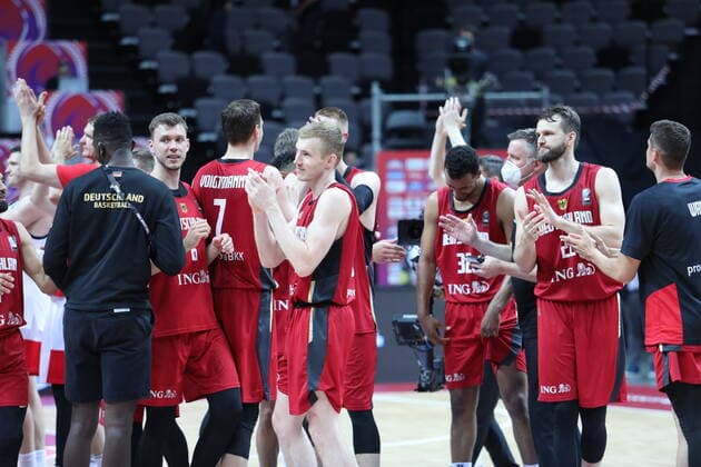PXL_Russia v Germany - Group A: 2020 FIBA Men s Olympic Qualifying Tournaments SPLIT, CROATIA - JULY 01: The German players celebrate the victory during the 2020 FIBA Men s Olympic Qualifying Tournament game between Russia and Germany at Spaladium Arena on July 1, 2021 in Split, Croatia. IvoxCagalj PIXSELL