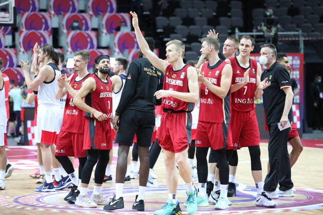 PXL_Russia v Germany - Group A: 2020 FIBA Men s Olympic Qualifying Tournaments SPLIT, CROATIA - JULY 01: The German players celebrate the victory during the 2020 FIBA Men s Olympic Qualifying Tournament game between Russia and Germany at Spaladium Arena on July 1, 2021 in Split, Croatia. IvoxCagalj PIXSELL